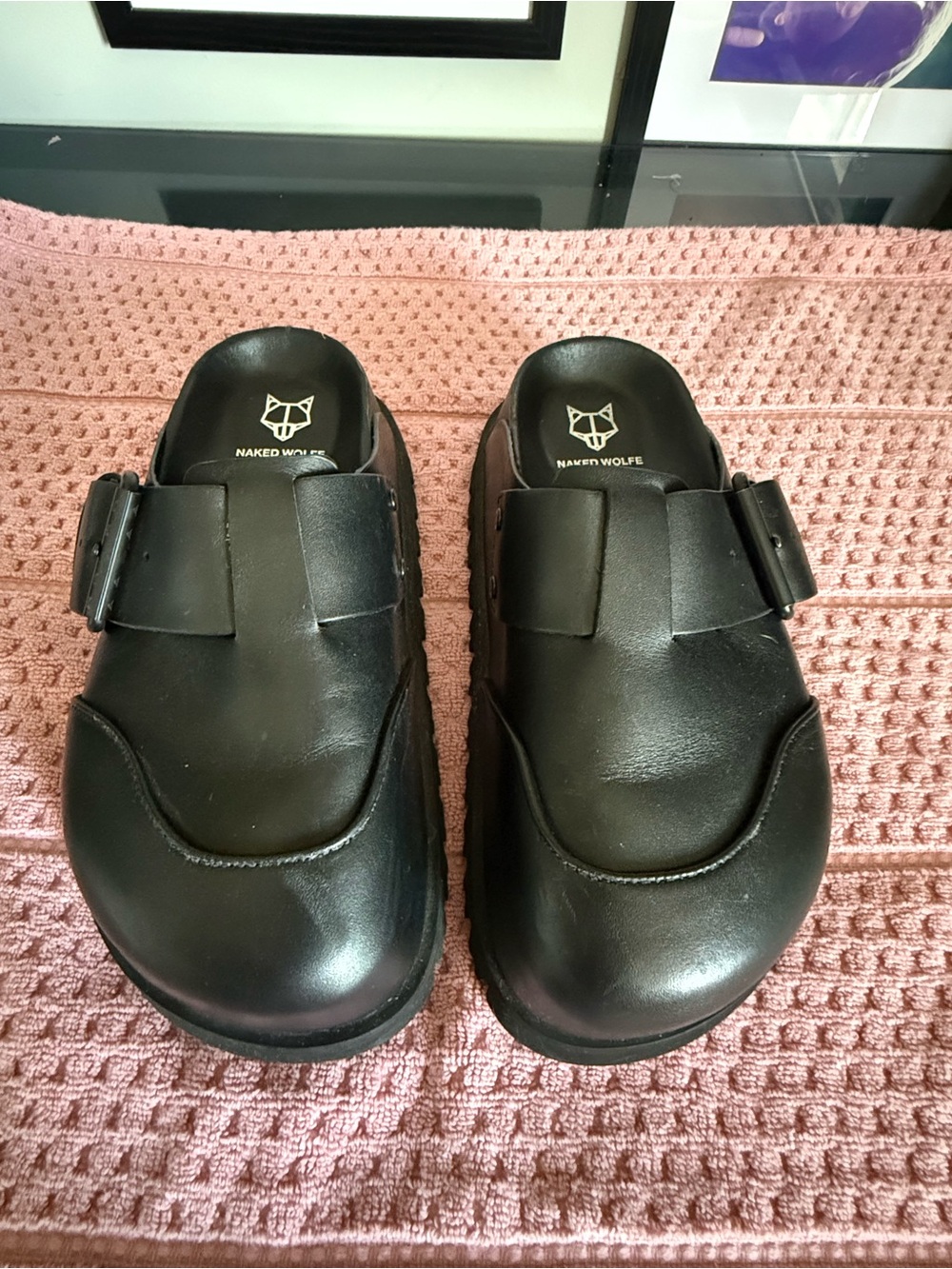 Naked Wolfe Black Leather-Look Slip-On Clogs with Buckle